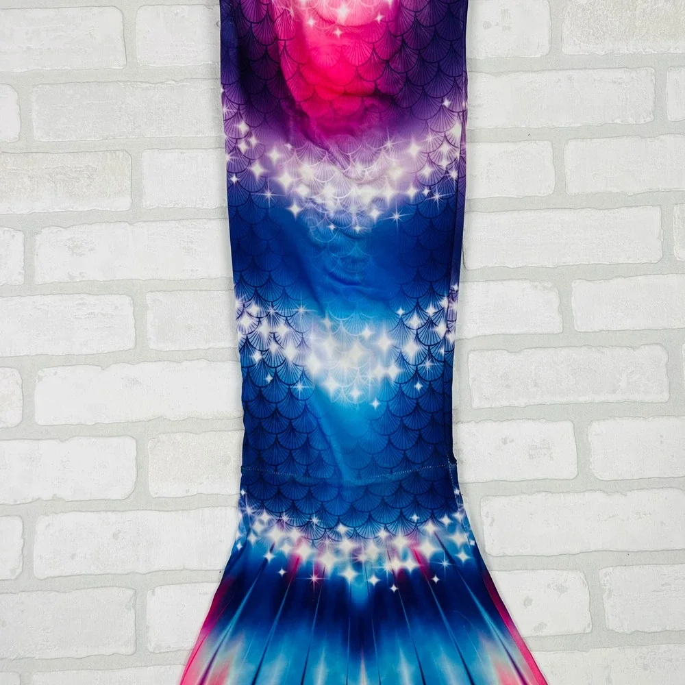 Kids Mermaid Tail Swim Coverup Pink Blue Scale Print Flipper Slit Skirt